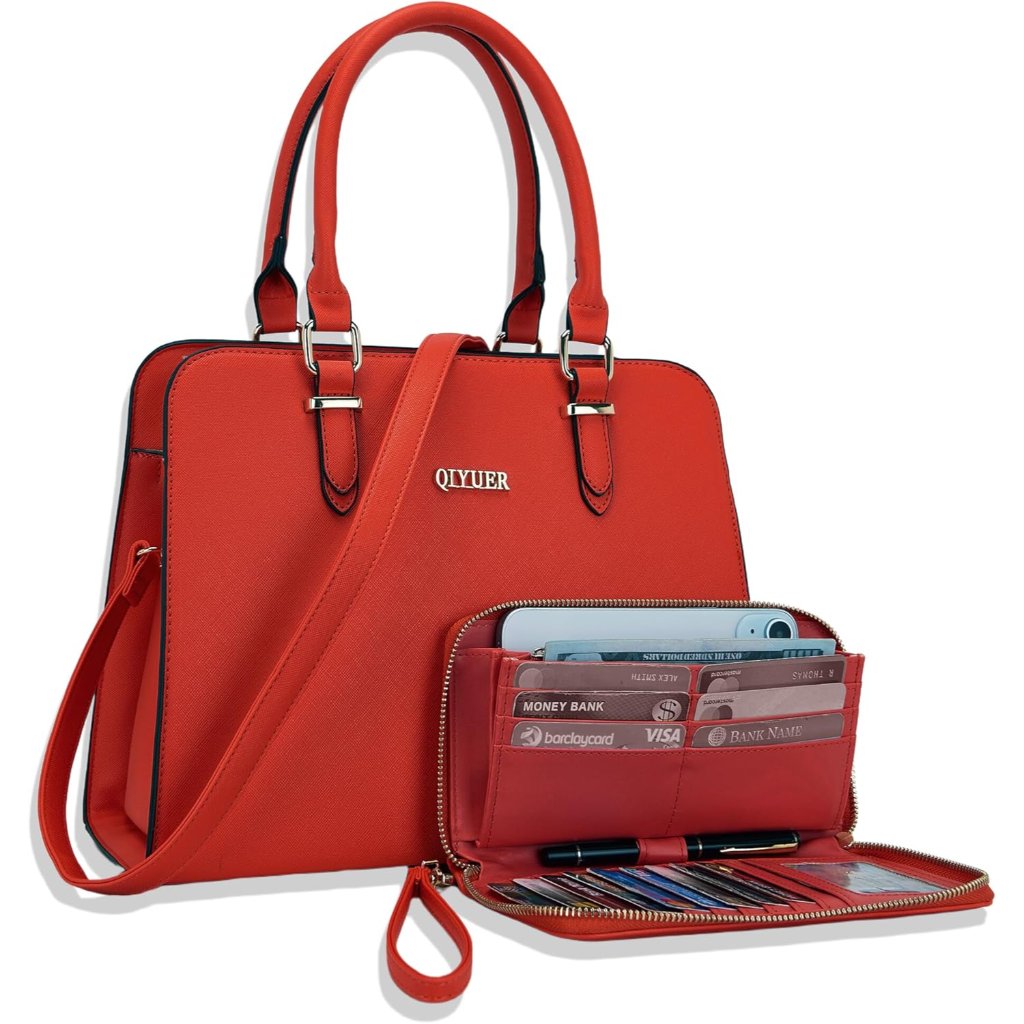 Women’s Red Faux Leather Satchel Purses & Wallet 2pc Set - Stylish Work Tote